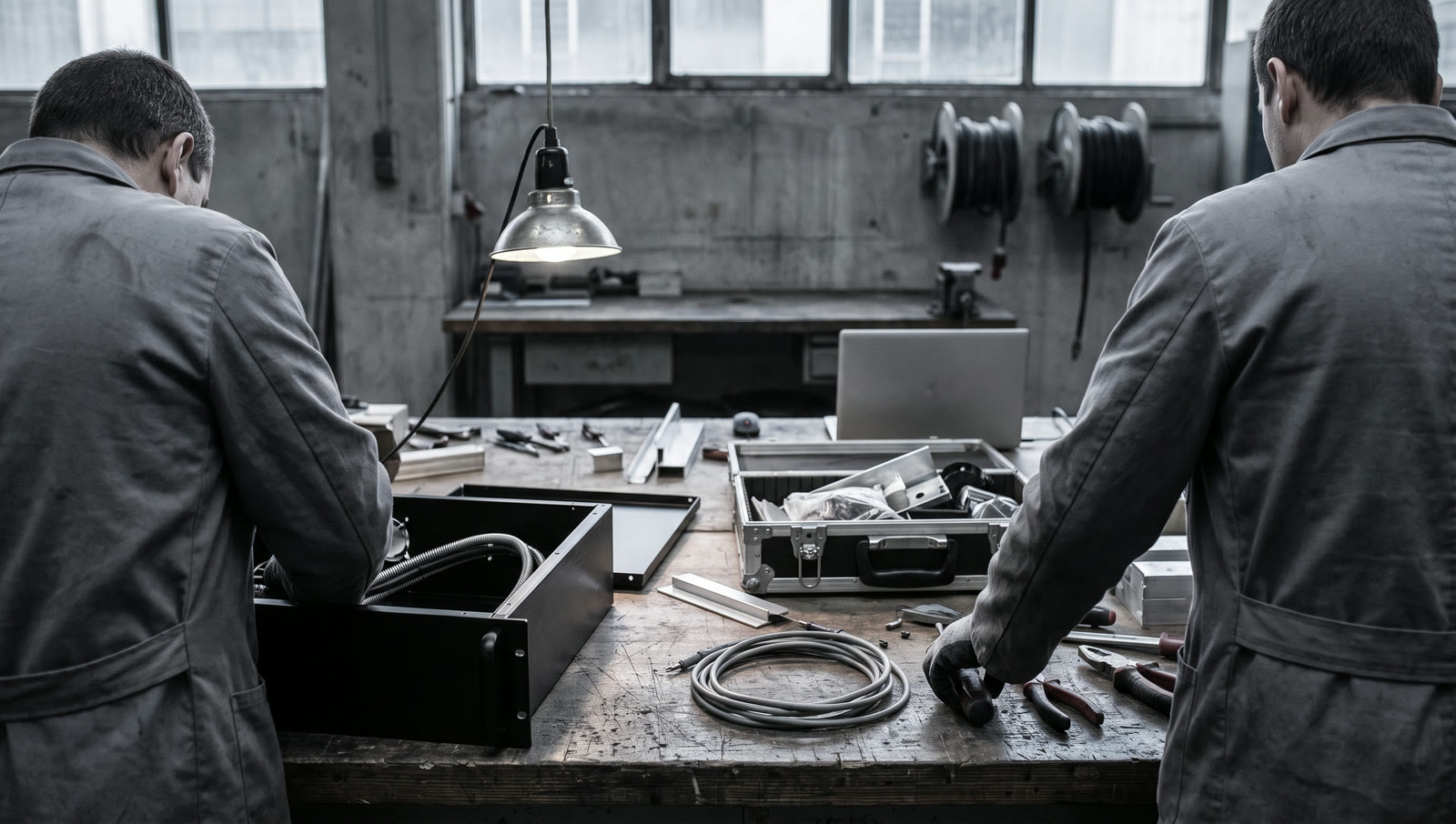 Two people working at a bench in an engineering workshop, seen from behind: a part-built enclosure open with its cabling half-routed, tools out, an open case of parts, cable reels on the wall behind